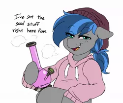 Size: 1195x1000 | Tagged: safe, artist:littlebibbo, derpibooru import, oc, oc:bibbo, unofficial characters only, pegasus, pony, beanie, bong, clothes, drugs, female, floppy ears, freckles, hat, high, holding, hoodie, lidded eyes, looking at you, mare, marijuana, smiling, smoke, solo, stoned