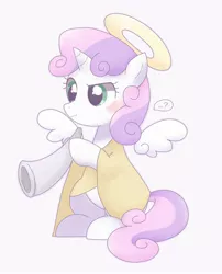 Size: 1654x2048 | Tagged: safe, artist:arrow__root, derpibooru import, sweetie belle, pony, unicorn, ..., angel, blanket, blowing horn, blushing, clothes, confused, costume, cute, diasweetes, female, filly, floating wings, halo, horn, musical instrument, outfit, question mark, simple background, solo, squint, technically alicorn, thought bubble, white background, wings