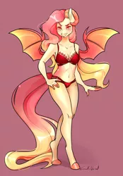 Size: 2377x3417 | Tagged: suggestive, artist:corelle-vairel, derpibooru import, oc, anthro, bat pony, unguligrade anthro, armpits, bra, breasts, clothes, female, hoof feet, horns, mare, panties, solo, solo female, underwear