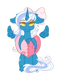 Size: 1000x1200 | Tagged: safe, artist:kantrixia, derpibooru import, oc, oc:fleurbelle, alicorn, pony, adorabelle, adorable face, alicorn oc, bow, chest fluff, cute, ear fluff, female, floating wings, hair bow, heart, horn, mare, patch, patchwork, simple background, smiling, solo, transparent background, wings, yellow eyes