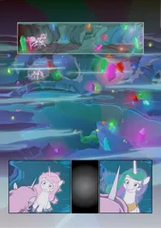 Size: 752x1063 | Tagged: safe, artist:jeremy3, artist:lummh, derpibooru import, princess celestia, alicorn, pony, comic:celestia's destiny, cave, cavern, comic, crystal, female, filly, filly celestia, foal, future, glowing gems, past, pink-mane celestia, reflection, swimming pool, water, young celestia, younger