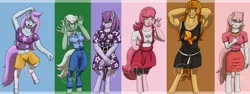 Size: 4799x1800 | Tagged: safe, artist:azurllinate, derpibooru import, blossom, blue belle, butterscotch (g1), minty, minty (g1), snuzzle, anthro, earth pony, 1980's, accessories, arm behind head, armpits, baggy shirt, big breasts, blossom (g1), blue eyes, breasts, chubby, chubby cheeks, clothes, dress, dress shirt, earth pony only, excited, female, first generation, fist pump, freckles, g1, happy, having fun, jewelry, leggings, long mane, long tail, looking at you, more like boulderscotch, muscles, necklace, orange eyes, original six, pink mane, purple eyes, shorts, size difference, skirt, strong, tongue out