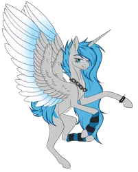 Size: 1024x1274 | Tagged: safe, artist:clarissa0210, derpibooru import, oc, oc:moonbeam zodiac, alicorn, pony, alicorn oc, bracelet, colored wings, colored wingtips, ear piercing, female, horn, leg warmers, mare, one eye closed, piercing, simple background, solo, spiked wristband, transparent background, wings, wink, wristband