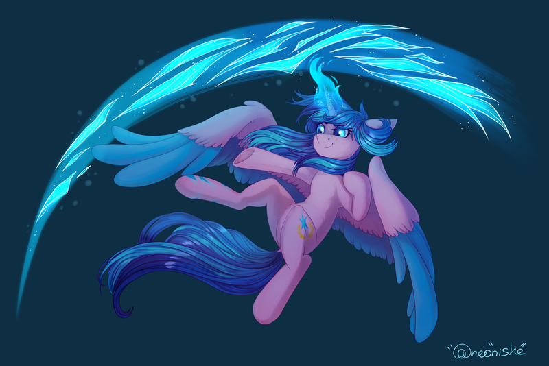 Size: 3444x2298 | Tagged: safe, artist:neonishe, derpibooru import, oc, oc:neon star, unofficial characters only, alicorn, pony, alicorn oc, colored wings, colored wingtips, female, flying, glowing horn, horn, magic, simple background, solo, wings