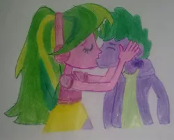 Size: 2017x1626 | Tagged: artist needed, safe, derpibooru import, lemon zest, spike, equestria girls, female, hand on cheek, kissing, male, shadowbolts, shipping, spike gets all the crystal prep, spikezest, straight, traditional art