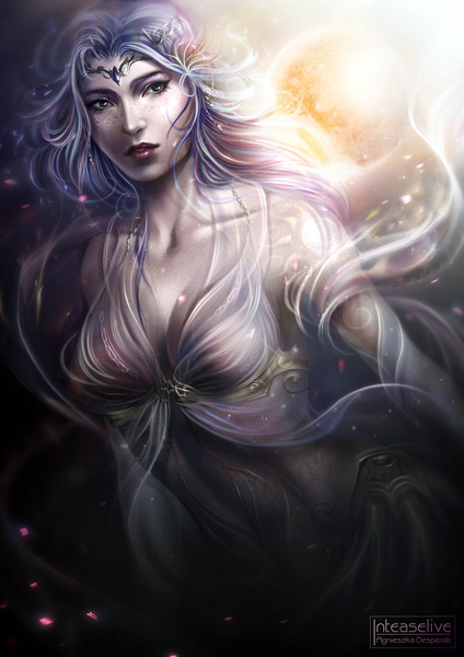 Size: 1280x1810 | Tagged: abstract background, artist:inteaselive, breasts, busty princess celestia, clothes, derpibooru import, dress, female, freckles, gown, human, humanized, jewelry, princess celestia, see-through, signature, solar flare (phenomenon), solo, solo female, suggestive, sun, tiara, windswept hair