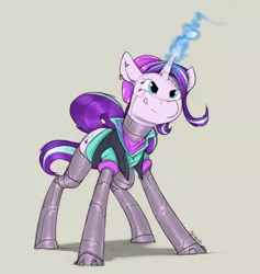 Size: 900x950 | Tagged: safe, artist:sinrar, derpibooru import, starlight glimmer, cyborg, pony, unicorn, amputee, beanie, clothes, cyberpunk, ear piercing, earring, equestria girls outfit, female, hat, jewelry, magic, mare, piercing, prosthetic limb, prosthetics, quadruple amputee, simple background, sketch, tan background, vest