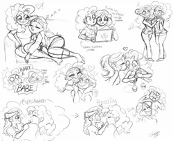 Size: 1280x1040 | Tagged: safe, artist:wimsie, derpibooru import, pinkie pie, sunset shimmer, equestria girls, computer, couch, cuddling, cupcake, dancing, expectation vs reality, female, food, laptop computer, lesbian, monochrome, shipping, sketch, sunsetpie