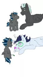 Size: 720x1280 | Tagged: safe, artist:xsugarxwolfiex, derpibooru import, soarin', thunderlane, oc, oc:whirlwind, pegasus, pony, chest fluff, crayon, drawing, eyes closed, face doodle, female, filly, gay, magical gay spawn, male, mouth hold, offspring, parent:soarin', parent:thunderlane, parents:soarilane, shipping, simple background, sleeping, soarilane, stallion, white background, wing fluff