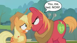 Size: 1280x720 | Tagged: suggestive, derpibooru import, edit, edited screencap, editor:rozyfly10, screencap, applejack, big macintosh, earth pony, pony, pinkie apple pie, and that's how apple bloom was made, apple family member, applecest, applemac, blushing, brother and sister, dialogue, female, implied sex, incest, looking at each other, male, mare, shipping, siblings, speech bubble, stallion, straight, you. me. x. now.