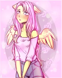 Size: 2000x2500 | Tagged: artist:zefirka, blushing, clothes, cute, derpibooru import, eared humanization, female, fluttershy, human, humanized, safe, shyabetes, solo, winged humanization, wings