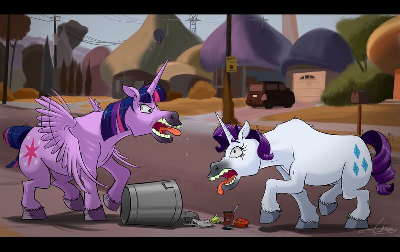 Size: 1600x1007 | Tagged: safe, artist:oinktweetstudios, derpibooru import, rarity, twilight sparkle, twilight sparkle (alicorn), alicorn, pony, unicorn, car, disney, feral, hoers, horn, house, majestic as fuck, onward (movie), open mouth, parody, pixar, reference, road, signature, street, telephone pole, tongue out, trash, trash can, wings