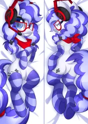 Size: 3000x4218 | Tagged: safe, artist:scarlet-spectrum, derpibooru import, oc, oc:cinnabyte, unofficial characters only, earth pony, pony, bandana, bed room eyes, body pillow, clothes, female, gaming headset, glasses, headset, mare, smiling, socks, solo, striped socks