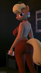 Size: 2160x3840 | Tagged: 3d, anthro, artist:foxventus, ass, backless pantsuit, breasts, busty ms. harshwhinny, butt, cougar, derpibooru import, ear piercing, earring, female, frown, jewelry, looking at you, looking back, looking back at you, mobile phone, ms. harshwhinny, phone, piercing, smartphone, solo, solo female, suggestive