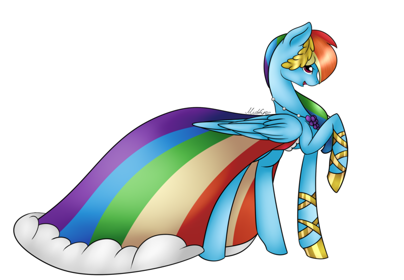 Size: 2943x2038 | Tagged: safe, artist:midfire, derpibooru import, rainbow dash, pegasus, pony, clothes, cute, dashabetes, dress, female, folded wings, gala dress, mare, raised hoof, simple background, smiling, solo, transparent background, wings