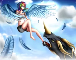 Size: 2768x2167 | Tagged: artist:germanspeeddrawing, clothes, cloud, derpibooru import, dragon, feather, fight, flying, human, humanized, rainbow dash, safe, shorts, sky, spread wings, sun, teeth, winged humanization, wings