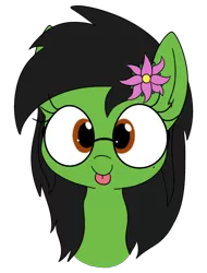 Size: 582x765 | Tagged: safe, artist:wafflecakes, derpibooru import, oc, oc:prickly pears, unofficial characters only, pony, flower, flower in hair, glasses, looking at you, mole, simple background, tongue out, transparent background