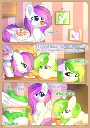 Size: 800x1132 | Tagged: safe, artist:alphadesu, derpibooru import, oc, oc:minty root, oc:snow kicker, unofficial characters only, pegasus, pony, unicorn, comic:sisterly love, cake, comic, cup, ear fluff, female, floppy ears, food, hooves, horn, lying down, mare, mouth hold, pillow, sitting, spread wings, standing, teacup, wing hands, wings