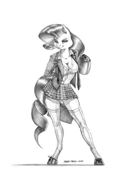 Size: 1055x1382 | Tagged: safe, artist:baron engel, derpibooru import, rarity, anthro, unguligrade anthro, unicorn, breasts, cleavage, clothes, colored hooves, female, grayscale, mare, miniskirt, monochrome, pencil drawing, pleated skirt, school uniform, shoes, simple background, skirt, socks, solo, stockings, story included, thigh highs, traditional art, white background, zettai ryouiki