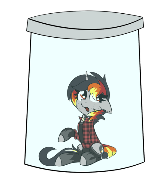 Size: 690x750 | Tagged: safe, artist:nevaylin, derpibooru import, oc, oc:moonshine, pony, unicorn, choker, clothes, commission, female, flannel, freckles, horn, jar, lewd container meme, meme, piercing, pony in a bottle, socks, stockings, thigh highs, unicorn oc, ych result