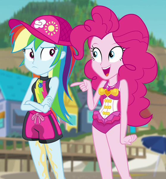 Size: 671x720 | Tagged: questionable, artist:thedarkpony, derpibooru import, edit, edited screencap, screencap, pinkie pie, rainbow dash, equestria girls, equestria girls series, forgotten friendship, clothes, cropped, female, fetish, pee edit, pissing, pissing on self, swim shorts, swimsuit, urine, watersports, wetting