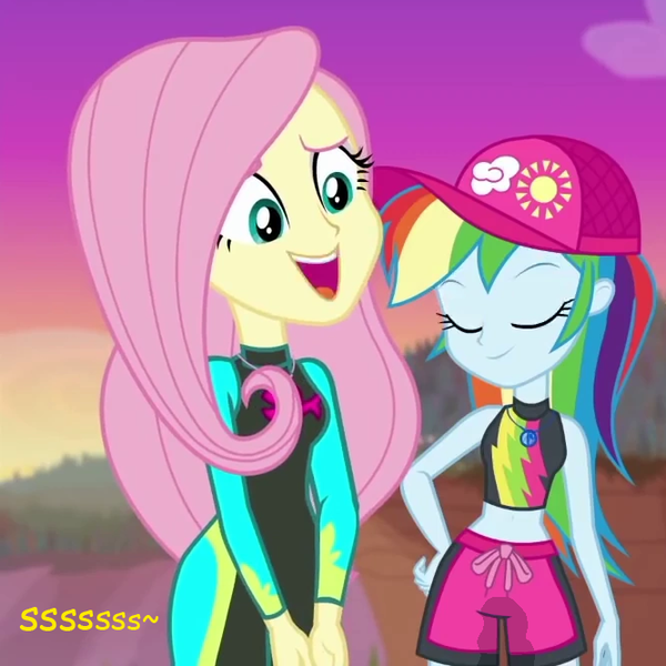 Size: 666x666 | Tagged: suggestive, artist:thedarkpony, derpibooru import, edit, edited screencap, screencap, fluttershy, rainbow dash, aww... baby turtles, equestria girls, equestria girls series, clothes, cropped, fetish, implied flutterdash, implied lesbian, implied shipping, onomatopoeia, pee edit, pissing, swim shorts, swimsuit, urine, watersports, wetsuit, wetting