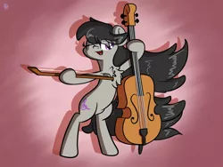 Size: 2560x1920 | Tagged: safe, artist:kimjoman, derpibooru import, octavia melody, earth pony, pony, bipedal, bow (instrument), cello, chest fluff, cute, eye clipping through hair, female, hoof hold, mare, musical instrument, one eye closed, open mouth, solo, tavibetes, wink