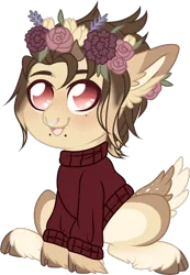 Size: 678x979 | Tagged: safe, artist:sweethearttarot, derpibooru import, oc, deer, deer pony, original species, pony, clothes, flower, flower in hair, simple background, solo, sweater, transparent background