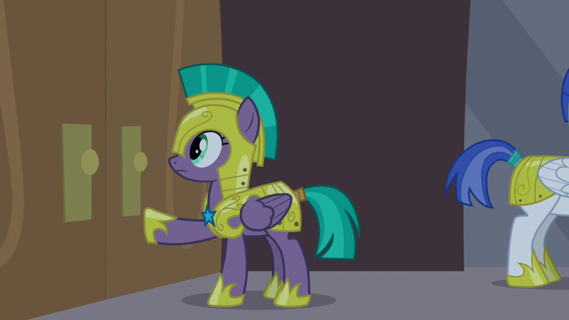Size: 1920x1080 | Tagged: safe, derpibooru import, screencap, queen chrysalis, vanguard cover, pegasus, pony, the summer sun setback, armor, disguise, disguised changeling, female, helmet, hoof shoes, mare, royal guard, royal guard armor, solo focus, tail wrap