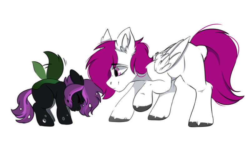 Size: 4219x2421 | Tagged: artist:clay_pony_, buzzing, changeling, clydesdale, cute, derpibooru import, double colored changeling, fluffy, green changeling, oc, oc:dr.heart, oc:nadalia, pegasus, purple changeling, safe, simple background, size difference, transparent background, unofficial characters only