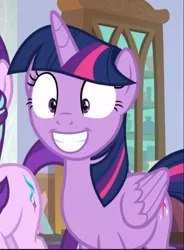 Size: 692x941 | Tagged: alicorn, cropped, derpibooru import, excited, offscreen character, safe, screencap, shrunken pupils, smiling, solo, sparkle's seven, twilight sparkle, twilight sparkle (alicorn)