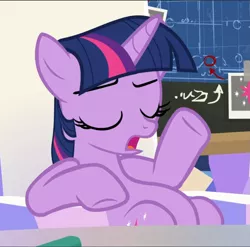 Size: 951x940 | Tagged: alicorn, belly, cropped, derpibooru import, eyes closed, open mouth, safe, screencap, sitting, solo, sparkle's seven, twilight sparkle, twilight sparkle (alicorn)