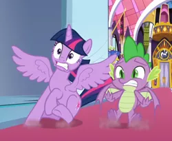 Size: 814x669 | Tagged: alicorn, cropped, derpibooru import, dragon, duo, safe, screencap, skidding, sparkle's seven, spike, spread wings, twilight sparkle, twilight sparkle (alicorn), winged spike, wings