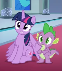 Size: 595x682 | Tagged: alicorn, cropped, derpibooru import, dragon, duo, safe, screencap, sitting, sparkle's seven, spike, twilight sparkle, twilight sparkle (alicorn), winged spike, wings