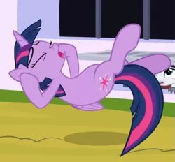 Size: 695x646 | Tagged: safe, derpibooru import, screencap, twilight sparkle, alicorn, sparkle's seven, cropped, eyes closed, midair, offscreen character, open mouth, solo, twilight sparkle (alicorn)