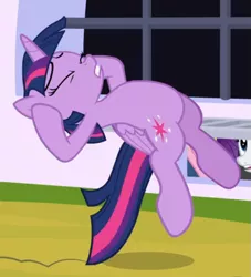 Size: 613x676 | Tagged: safe, derpibooru import, screencap, rarity, twilight sparkle, alicorn, sparkle's seven, cropped, eyes closed, midair, offscreen character, twilight sparkle (alicorn)