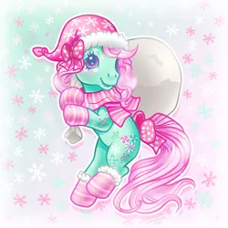 Size: 1000x1000 | Tagged: artist:conphettey, bow, clothes, cute, derpibooru import, g3, hair bow, hat, mintabetes, minty, safe, santa sack, scarf, socks, tail bow, winter minty