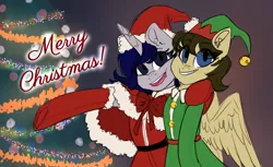 Size: 5894x3607 | Tagged: artist needed, safe, derpibooru import, oc, oc:chance mccoy, oc:moonlit silver, unofficial characters only, pegasus, unicorn, christmas, clothes, costume, cute, duo, holiday, pegasus oc, santa costume, tree, wings