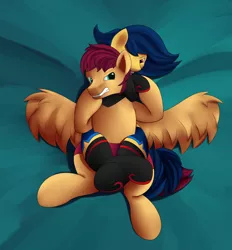 Size: 3250x3500 | Tagged: safe, artist:einboph, derpibooru import, flash magnus, oc, oc:soft step, pegasus, pony, chokehold, clothes, headlock, rear naked choke, sleeper hold, socks, sports, stockings, thigh highs, wrestling