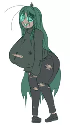 Size: 885x1571 | Tagged: suggestive, artist:moronsonofboron, derpibooru import, queen chrysalis, human, big breasts, breasts, busty queen chrysalis, clothes, dork, dorkalis, glasses, huge breasts, humanized, impossibly large breasts, looking at you, reversalis, simple background, sweater, sweater puppies, wide hips