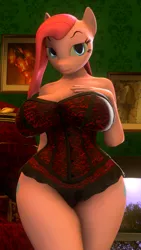 Size: 2160x3840 | Tagged: suggestive, artist:barbatos, derpibooru import, pinkie pie, anthro, earth pony, 3d, 4k, bed, bedroom, bedroom eyes, big breasts, breasts, bust, busty pinkie pie, clothes, corset, female, hand on breasts, pinkamena diane pie, portrait, scenebuild, solo, solo female, source filmmaker, thighs, thunder thighs, wide hips