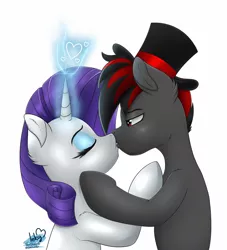 Size: 2000x2200 | Tagged: safe, artist:inkystylus12, derpibooru import, rarity, oc, oc:varan, canon x oc, female, hat, kissing, magic, magic aura, male, one eye closed, red and black mane, red and black oc, straight