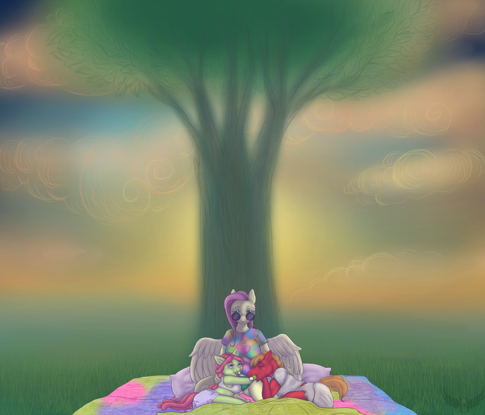 Size: 3500x3000 | Tagged: suggestive, artist:badwing, derpibooru import, big macintosh, fluttershy, tree hugger, adult diaper, adult foal, bisexual, blanket, blushing, bra, breasts, butt, cloth diaper, clothes, diaper, diaper fetish, female, fetish, field, flutterhugger, fluttermac, grass, heart, lesbian, lesbian in front of boys, male, morning, open eyes, pacifier, panties, pastels, plastic pants, polyamory, quilt, shipping, shirt, sleepy, sports bra, straight, sunglasses, sunrise, tie dye, tree, underwear