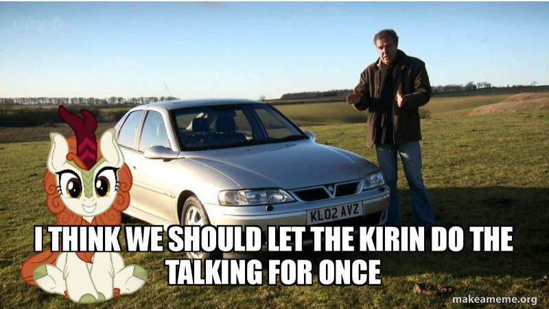 Size: 800x450 | Tagged: artist:jhayarr23, artist:s-class-destroyer, autumn blaze, caption, car, derpibooru import, human, image macro, irl, irl human, jeremy clarkson, kirin, makeameme.org, meme, photo, pun, safe, text, top gear, vauxhall, vauxhall vectra, visual pun