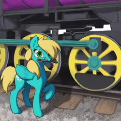 Size: 2000x2000 | Tagged: safe, artist:redruin01, derpibooru import, oc, oc:steam cloud, unofficial characters only, pegasus, pony, commission, cute, female, locomotive, mare, mouth hold, posing for photo, railroad, solo, steam engine, steam train, train, wrench