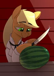 Size: 2480x3508 | Tagged: safe, artist:underpable, derpibooru import, applejack, earth pony, pony, clothes, dexterous hooves, food, green eyes, hatless, hoof hold, implied applejack's plantation, knife, missing accessory, moments before disaster, smiling, solo, suit, this will end in tears, watermelon