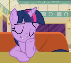 Size: 816x726 | Tagged: alicorn, cropped, derpibooru import, diner, eyes closed, hoof on cheek, safe, screencap, sitting, smiling, smuglight sparkle, solo, the saddle row review, twilight sparkle, twilight sparkle (alicorn)