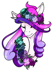 Size: 1024x1414 | Tagged: safe, artist:oneiria-fylakas, derpibooru import, oc, oc:shiny heart, unofficial characters only, pony, unicorn, bust, eyes closed, female, floral head wreath, flower, mare, portrait, simple background, solo, transparent background