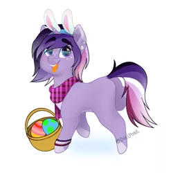 Size: 2000x2000 | Tagged: safe, artist:dollpone, derpibooru import, oc, unofficial characters only, pony, unicorn, basket, bunny ears, chibi, clothes, easter basket, female, high res, mare, scarf, simple background, solo, white background