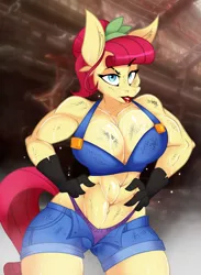 Size: 822x1122 | Tagged: suggestive, artist:lil miss jay, derpibooru import, torque wrench, anthro, earth pony, full service playing cards, rainbow roadtrip, abs, absolute cleavage, big breasts, breasts, busty torque wrench, cleavage, clothes, female, gloves, grease, hands on waist, huge breasts, lipstick, looking at you, muscles, muscular female, oil, panties, solo, solo female, steam, sweat, toned, toned female, torque ripped, underwear